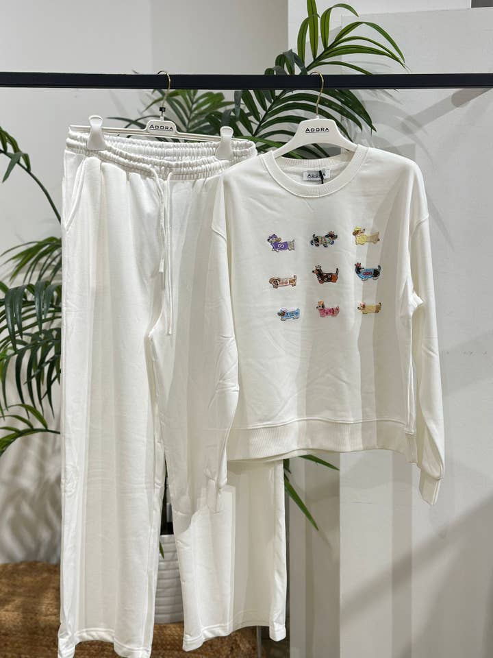 Conjunto coordinado de felpa perchada perritos y pantalón para venta al por mayor de ADORA