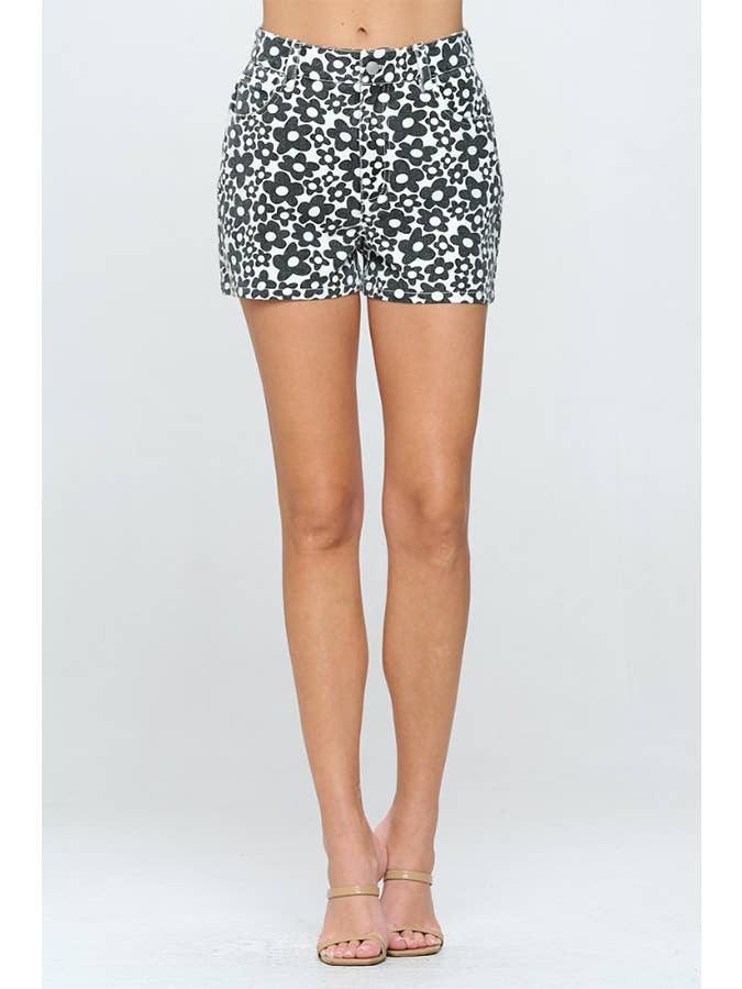 BLACK WHITE DAISY PRINT COTTON TWILL MINI JEAN SHORTS for wholesale on Faire