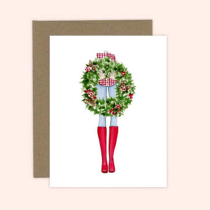Wreath and Boots Christmas Holiday Greeting Card for wholesale by Almeida Illustrations