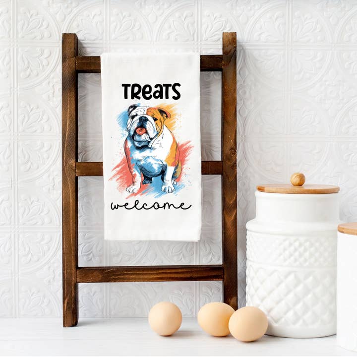 TREATS WELCOME Bulldog dog Microfiber kitchen towel 16x24 for wholesale by Eartherella Soap & Candle Co., LLC
