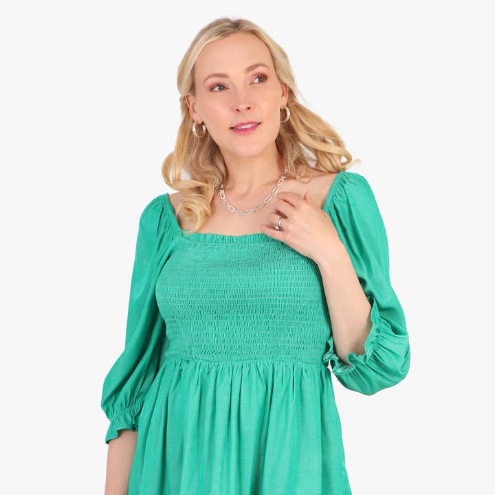 Textured Shirred Peplum Puff Sleeve Milkmaid Top in Green for wholesale by Sarta