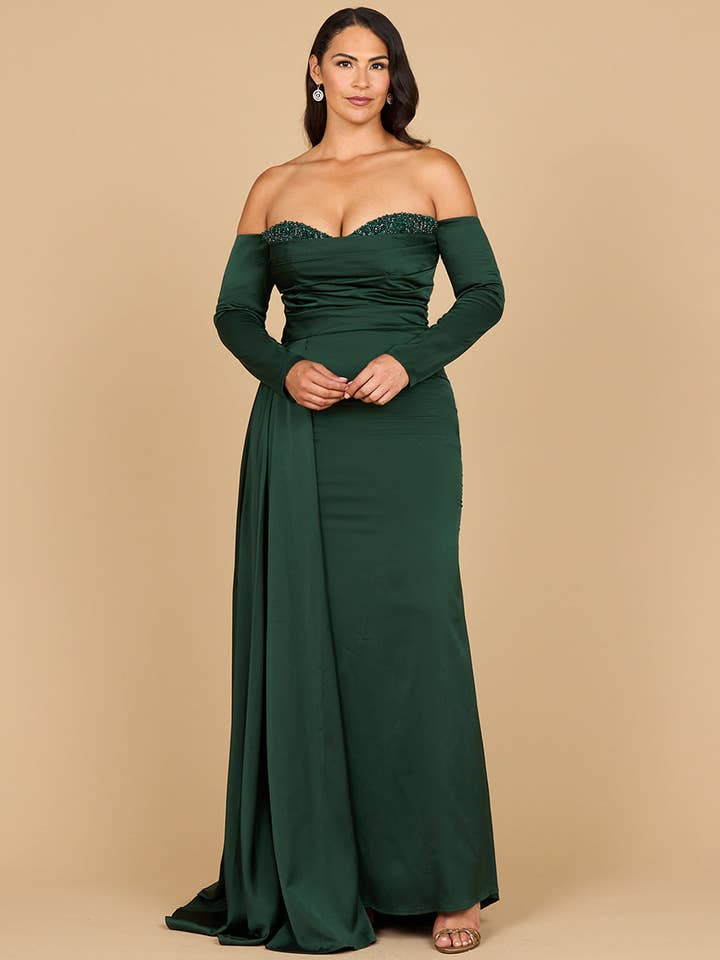 Lara New York - Wholesale Gown - Women's - Lara 28936 - Off Shoulder Satin Dress with Beaded Details0