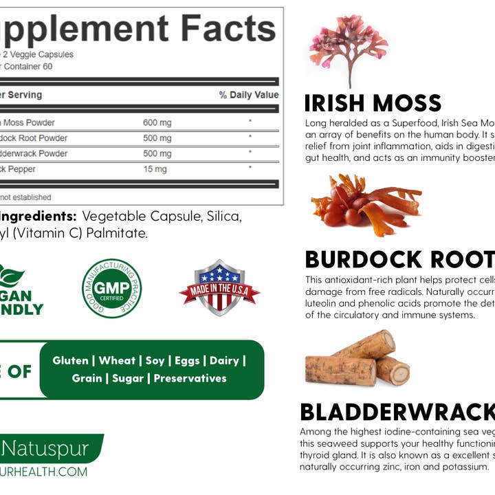 Natuspur – Großhandel Nahrungsergänzungsmittel/Vitamin zum Einnehmen – Irish Sea Moss 1600 mg Bio-Supplement mit Blasentang und Klettenwurzel mit schwarzem Pfeffer1