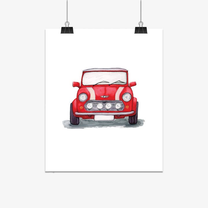Klassisk Mini Cooper Front View Illustration Giclée Print for engroshandel hos Typhoon Studios