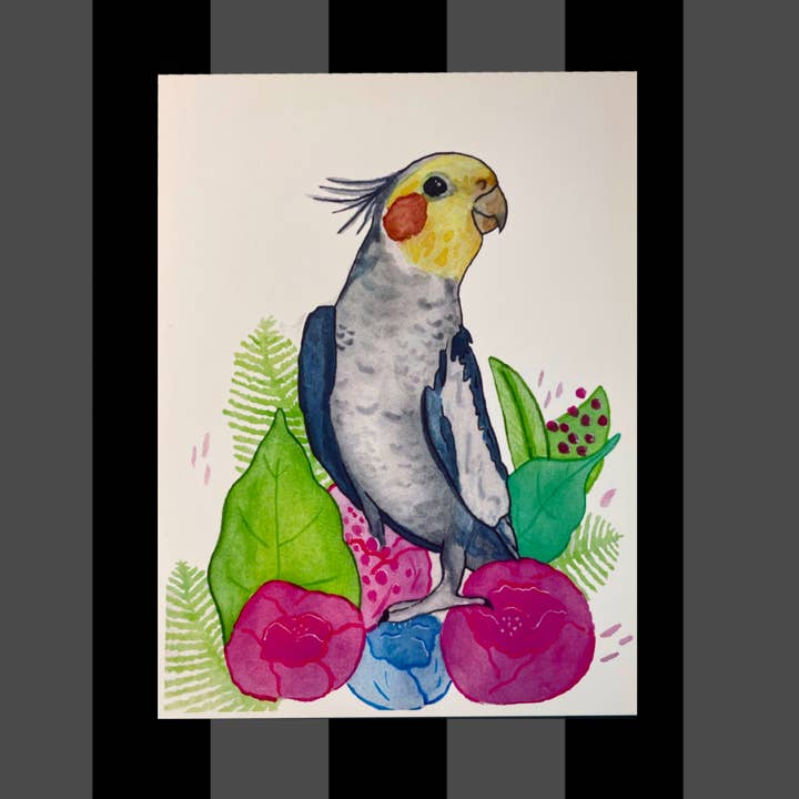 Niedliches freches Wellensittich-Blumen-Haustierporträt Aquarelldruck für den Großhandel von Fiat Lux Illustration