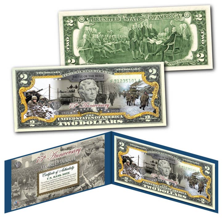 The Merrick Mint - Vendita all'ingrosso Decorazioni da tavolo - Serie V75 - 75° anniversario della fine della seconda guerra mondiale - * Battle Of The Bulge * Banconota da due dollari autentica - Spedizione veloce - Spedizione gratuita negli Stati Uniti