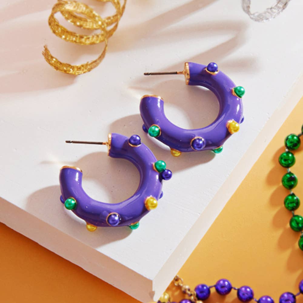 Sensibling Corp. - Wholesale Hoop Earrings - Mardi Gras Pearl Embellished Hoop Earrings0