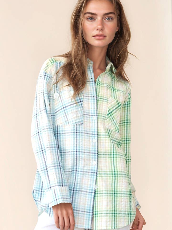 MIXED PLAID COLOR BLOCK POCKET DETAIL SHIRT TOP for wholesale by Davi & Dani