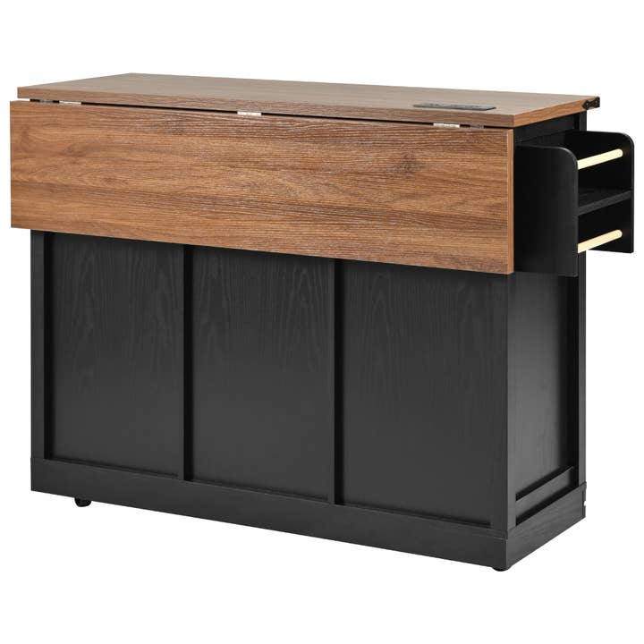 Orange County Decor - Wholesale Kitchen Storage/Organizer - K&K 53.7" Farmhouse Kitchen Island With Power Outlet, 2 Sliding Barn Door Kitchen Storage Island With Drop Leaf, Spice Rack Rolling Kitchen Cart On Wheels, For Home, Kitchen And Dining Room, Black29