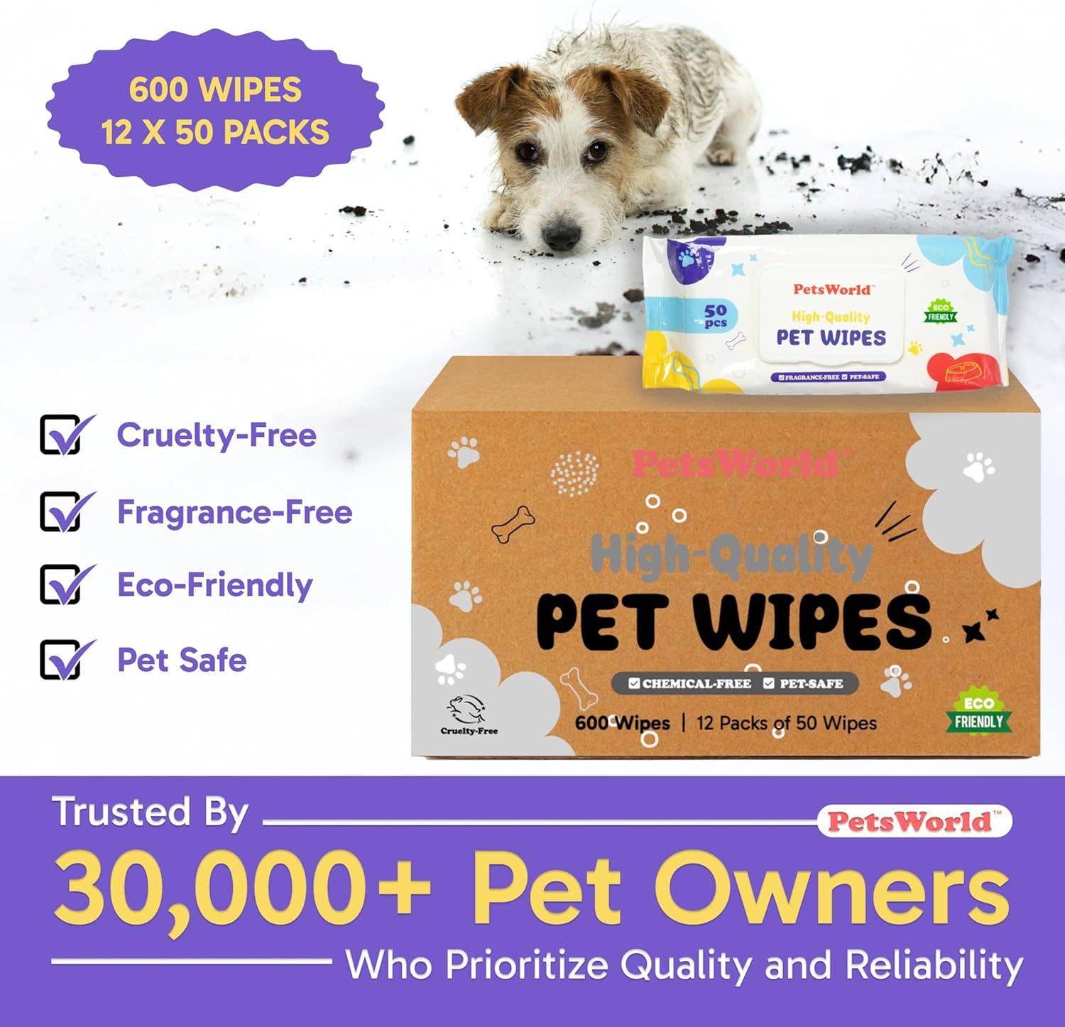 PetsWorld Inc - Wholesale Pet Grooming Aid - Dog - PetsWorld Unscented Pet Wipes – 50 Wipes, 1 Pack6