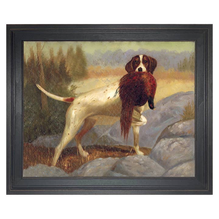 Pointer with Pheasant Vintage Painting Print on Canvas for wholesale by Madison Bay Co. - Historical Home Decor Reproductions
