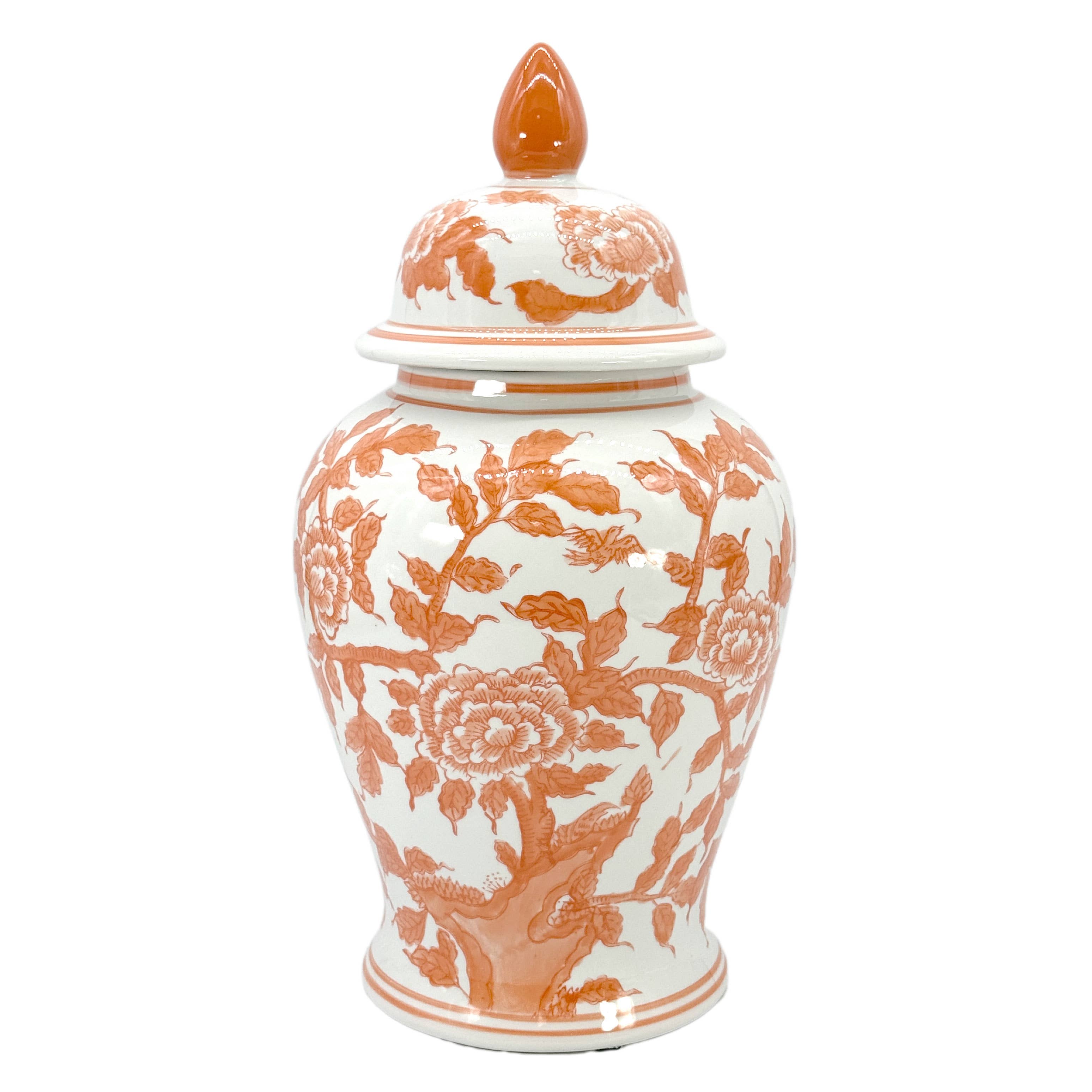 Galt International Company - Wholesale Decorative Jar - Orange & White Lotus Chinoiserie Ceramic Ginger Jar 18"2
