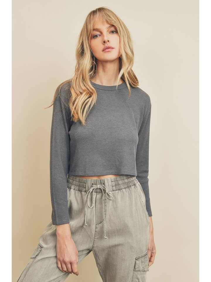 Dress Forum - Wholesale Knit Top - Women's - FT6232 Cropped Long Sleeve Waffle Tee0