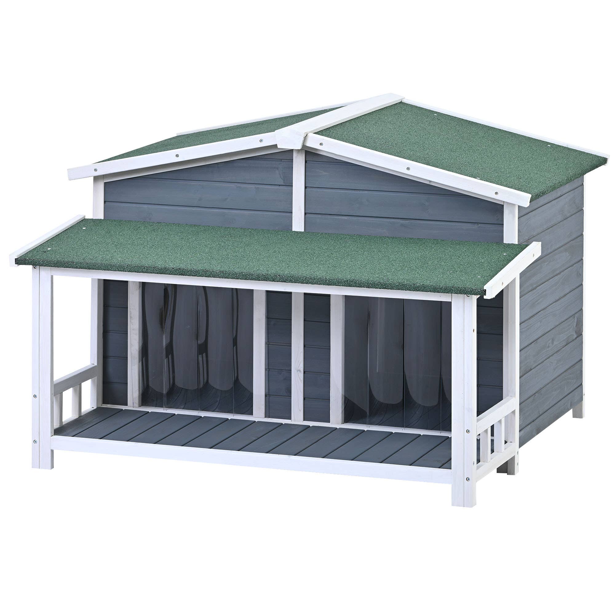 Gray Large Wooden Dog House with Porch, 2 Doors, Cabin Style for wholesale on Faire12
