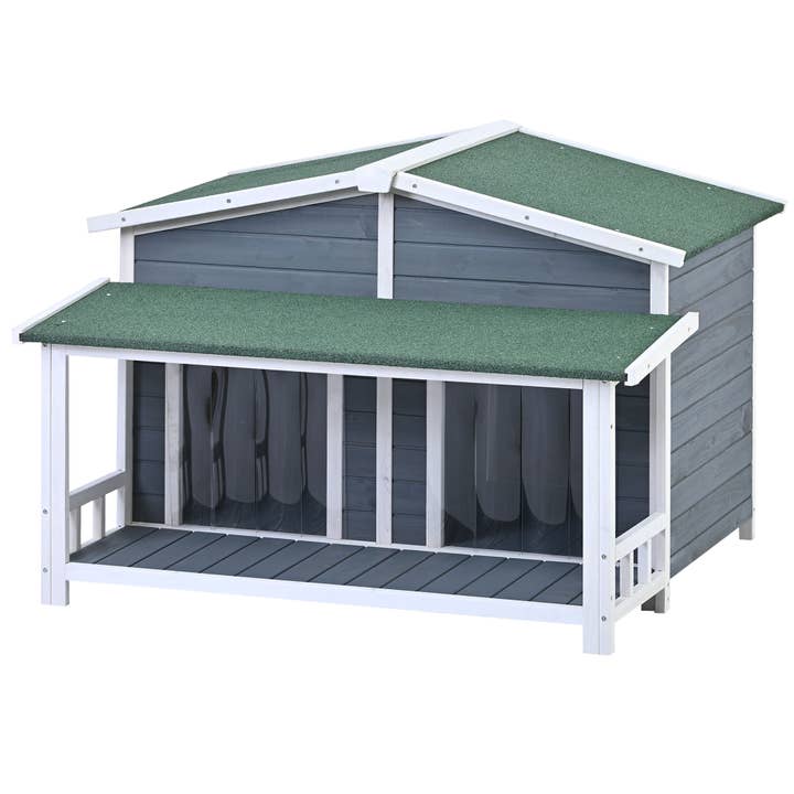 Gray Large Wooden Dog House with Porch, 2 Doors, Cabin Style for wholesale on Faire12