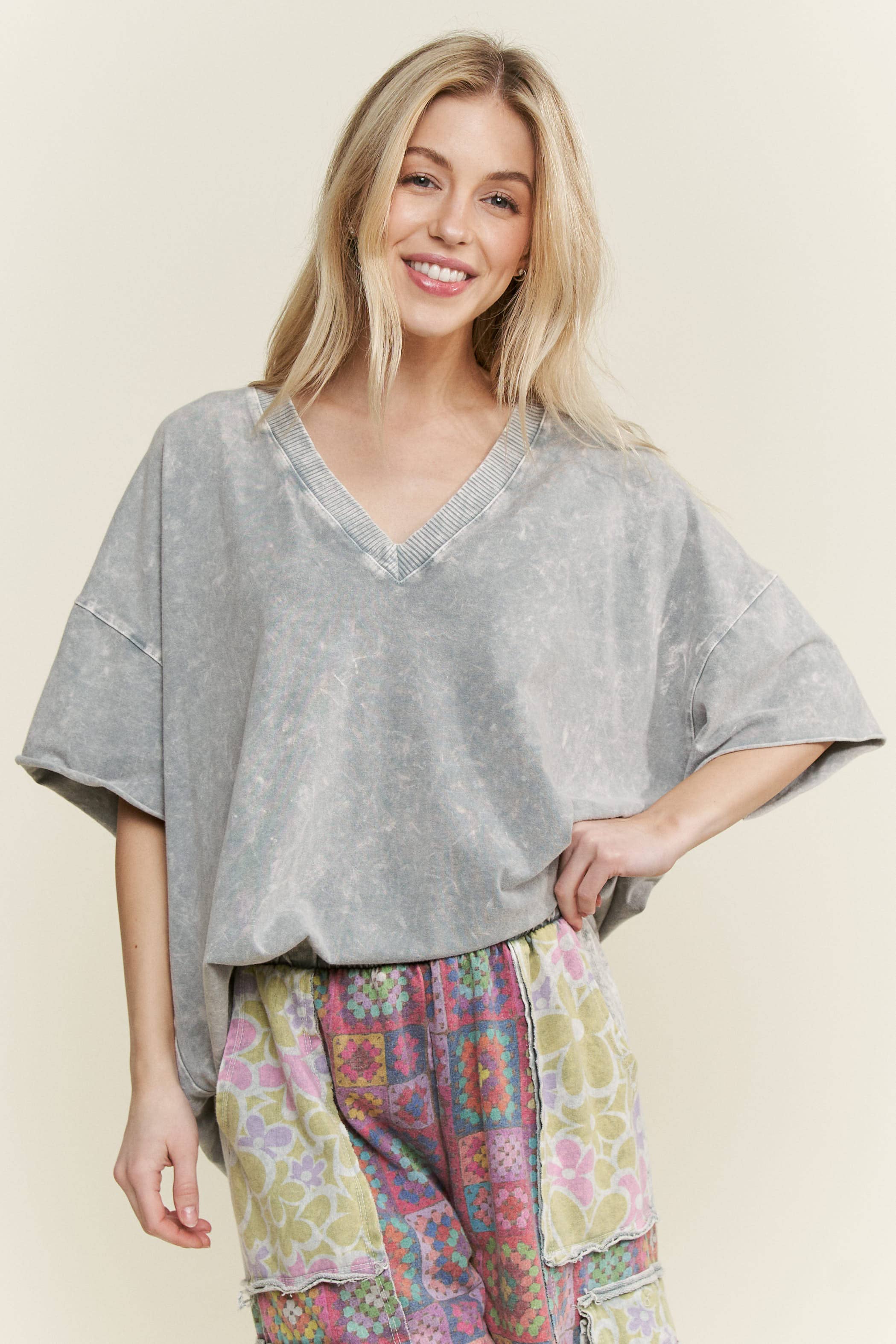 J.Her - Vente T-shirt – femme - T-shirt col en V MineralWash quotidien HT41666