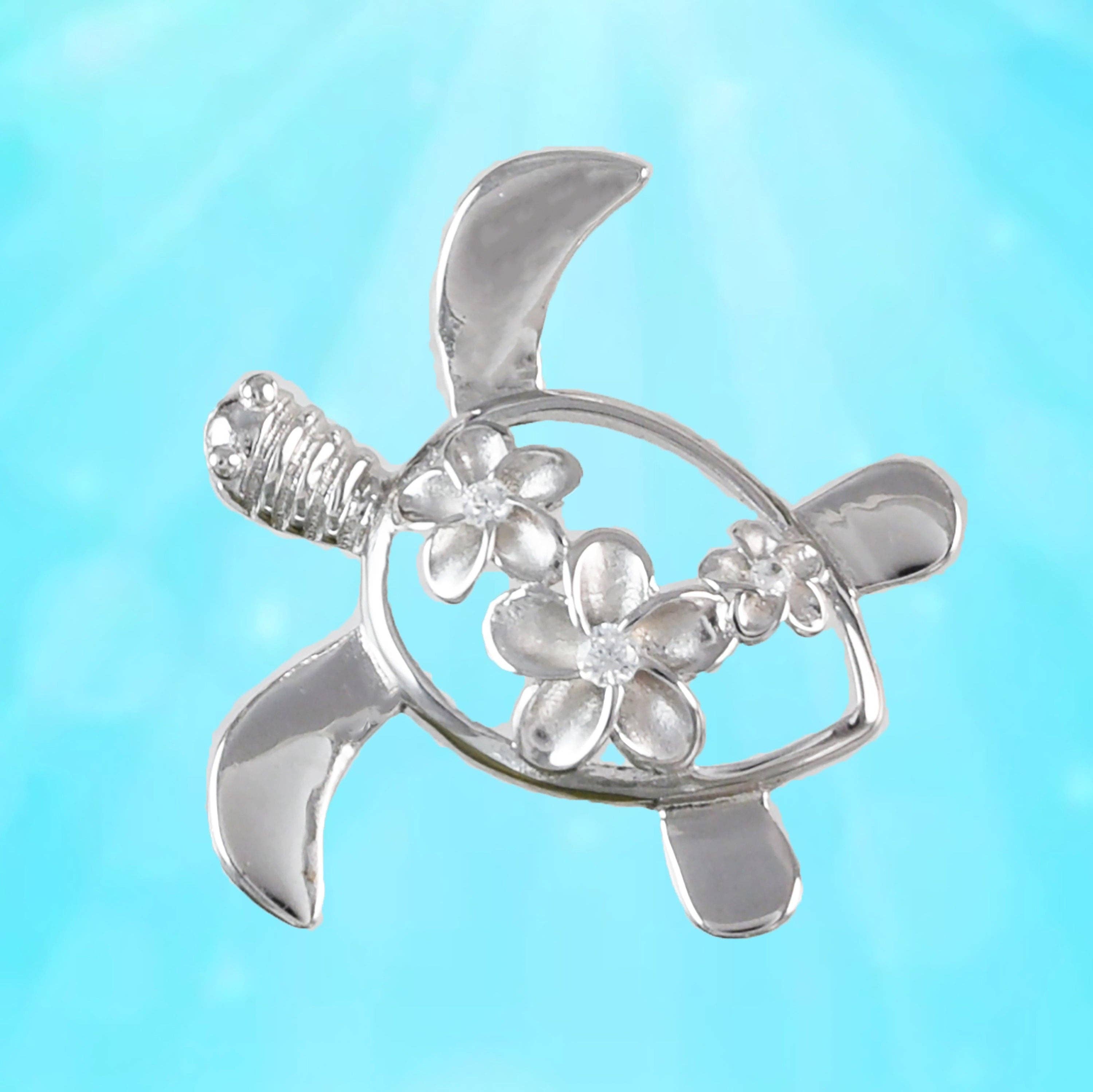 Paradise Treasures Jewelry - Wholesale Individual Charm/Pendant - Hawaiian Sea Turtle 3 Plumeria Pendant, Sterling Silver Turtle 3 Plumeria CZ Pendant, Hawaiian Jewelry, Christmas Mom Birthday Gift1