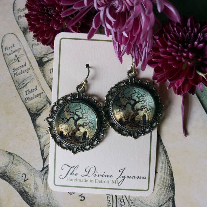 Haunted Tree Halloween Glass Cabochon and Bronze Earrings for wholesale by The Divine Iguana