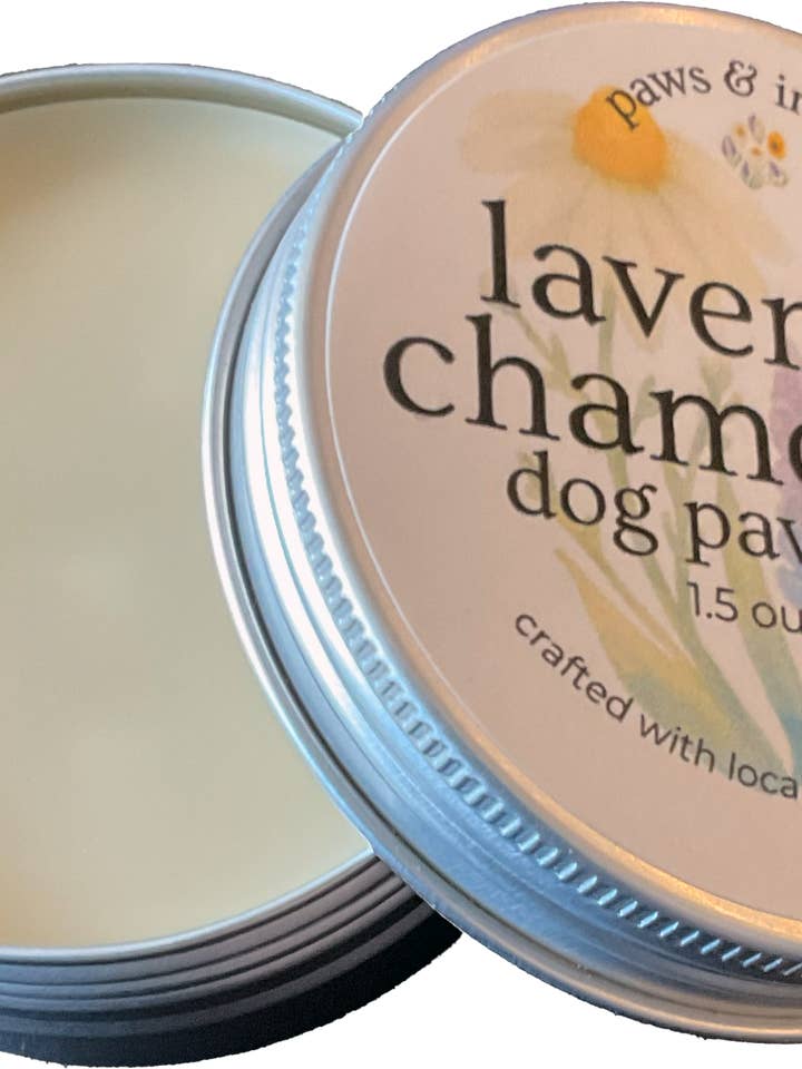 Lavender Chamomile Dog Paw Balm in Metal Tin for wholesale by Paws and Indulge