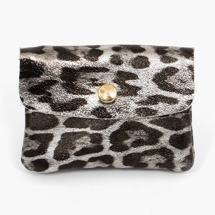 Italian Leather Coin Purse - Grey Leopard Print, Metallic for wholesale by Sarta Pelle