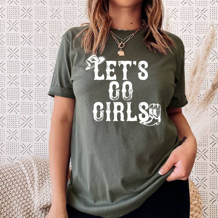 Let's Go Girls Country Military Green Tee White Ink for wholesale by Simply Tees