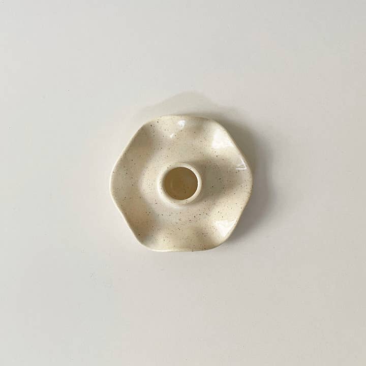 Sunday Studio - Wholesale Candle Holder - Handmade Ceramic Ruffle Taper Candle Holder - Freckle White1