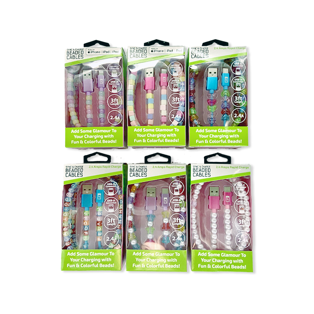 Novelty Brands - Wholesale Charging Cable - Charging Cable Variety Glitz & Glam Beaded 3 ft- 6/Display2