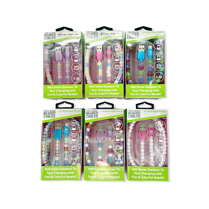 Novelty Brands - Wholesale Charging Cable - Charging Cable Variety Glitz & Glam Beaded 3 ft- 6/Display2
