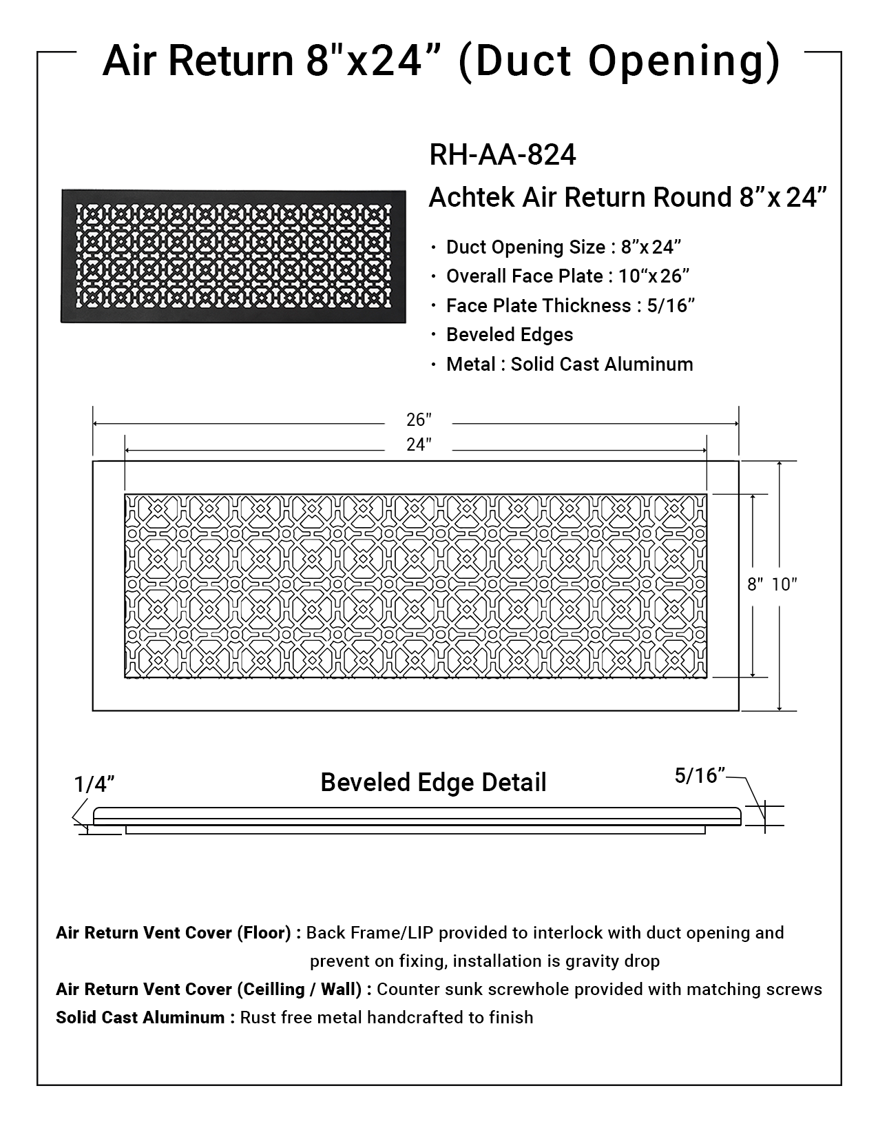 Registers and Hardware Hub Inc. - Wholesale Dimensionele/3D-muurkunst - Air Return Grill 8 „x 24" kanaalopening | Massief gegoten aluminium14