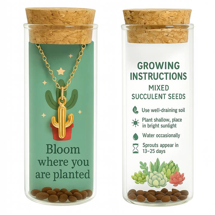 L Rae Charm - Wholesale Pendant/charm necklace - Succulent Cactus Necklace – Gold Charm – Plantable Seed1