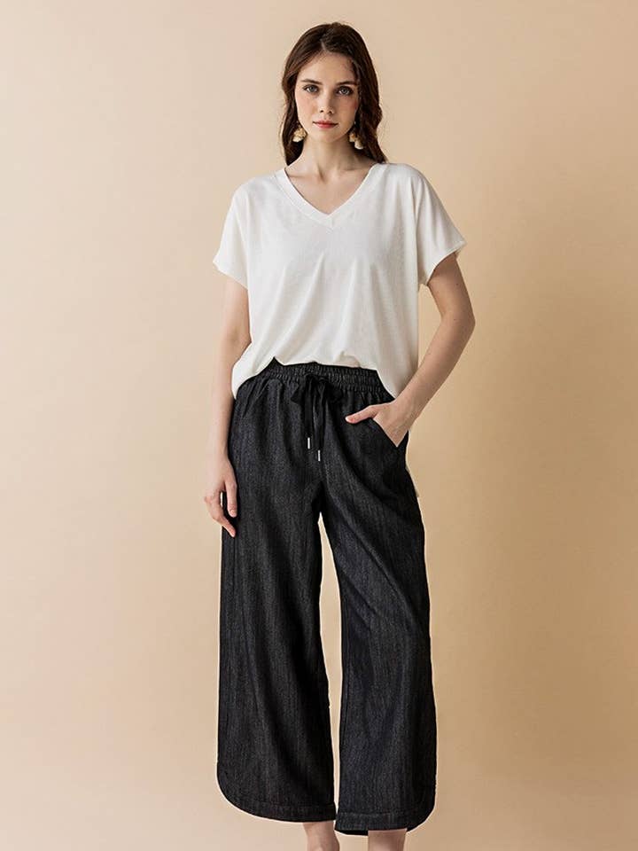 noflik - Wholesale Pants - Women's - Plus Denim WideLeg Crop Pants w/ Dolphine Tail Hem-INP1021