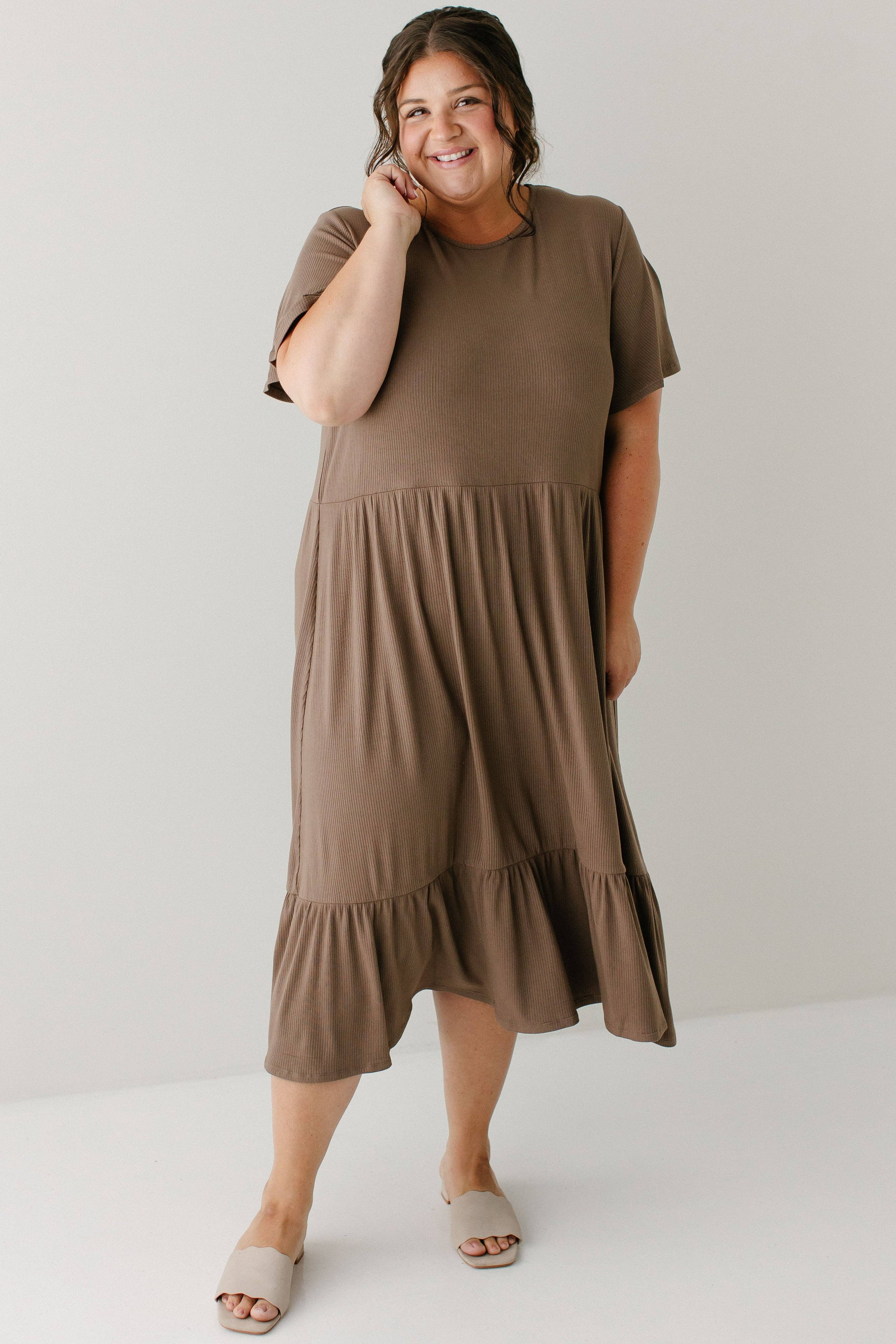 'Shiloh' Ribbed Tiered Midi Dress in Mocha FINAL SALE for wholesale on Faire5