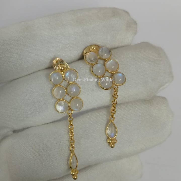 Rainbow Moonstone Cabochon Earrings, 925 Silver Gold Plated for wholesale by Rishi Jewelry