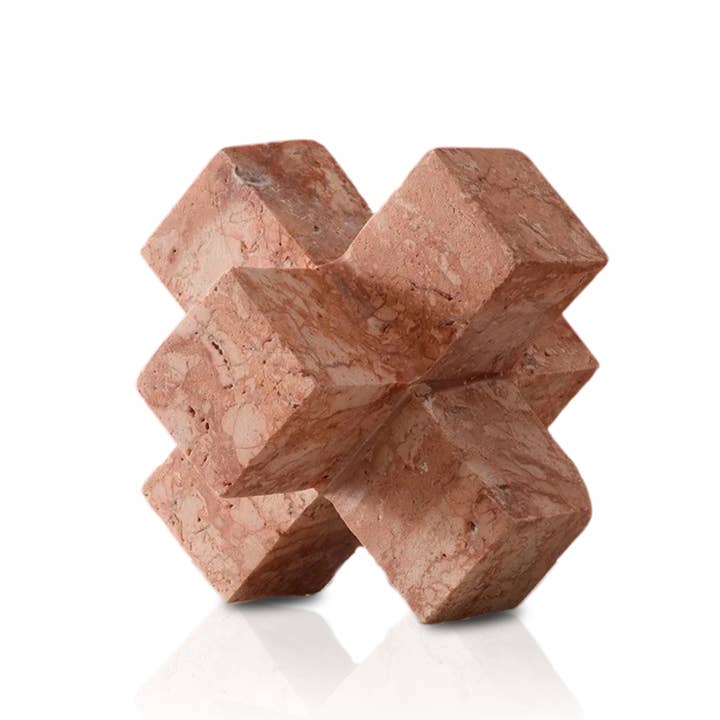 Handmade Red Travertine Geometric Plus Shape Sculpture for wholesale by MARLETH