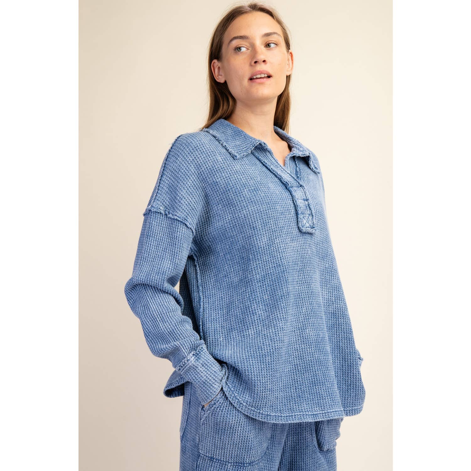 Rae Mode - Wholesale Athletic Top - Women's - MINERAL WASHED WAFFLE POLO SWEATSHIRT7