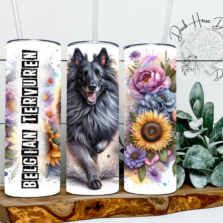 Dark Horse Dream Designs LLC – wholesale Isolerade dryckesvaror – Belgisk Tervuren Hund Akvarell Blommig Sommar Tumbler