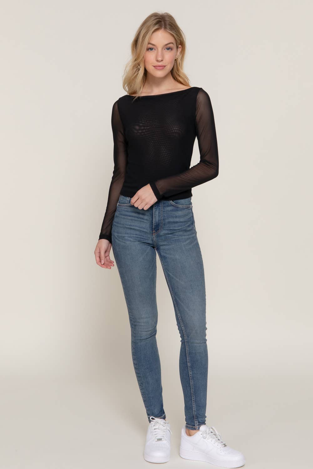 Active Basic | Active USA - Wholesale Knit Top - Women's - Long Sleeve Boat Neck Double Layer Mesh Top7