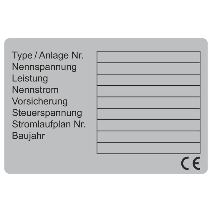 Leistungsetikett / Type_AnlagenNr._Nennspannung_Leistung_Nennstrom_... für den Großhandel von Blitzpfeil24 by Jahn Industrieschilder/Etiketten GmbH