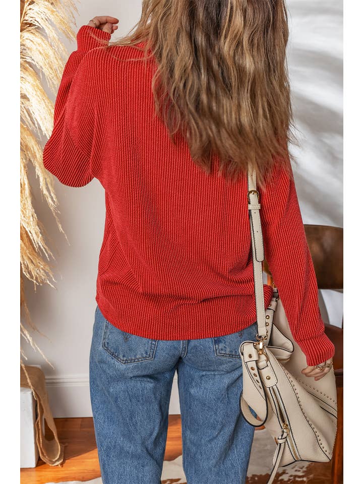 Racing Red Corded Knit Half-Button Collared Top for wholesale on Faire1