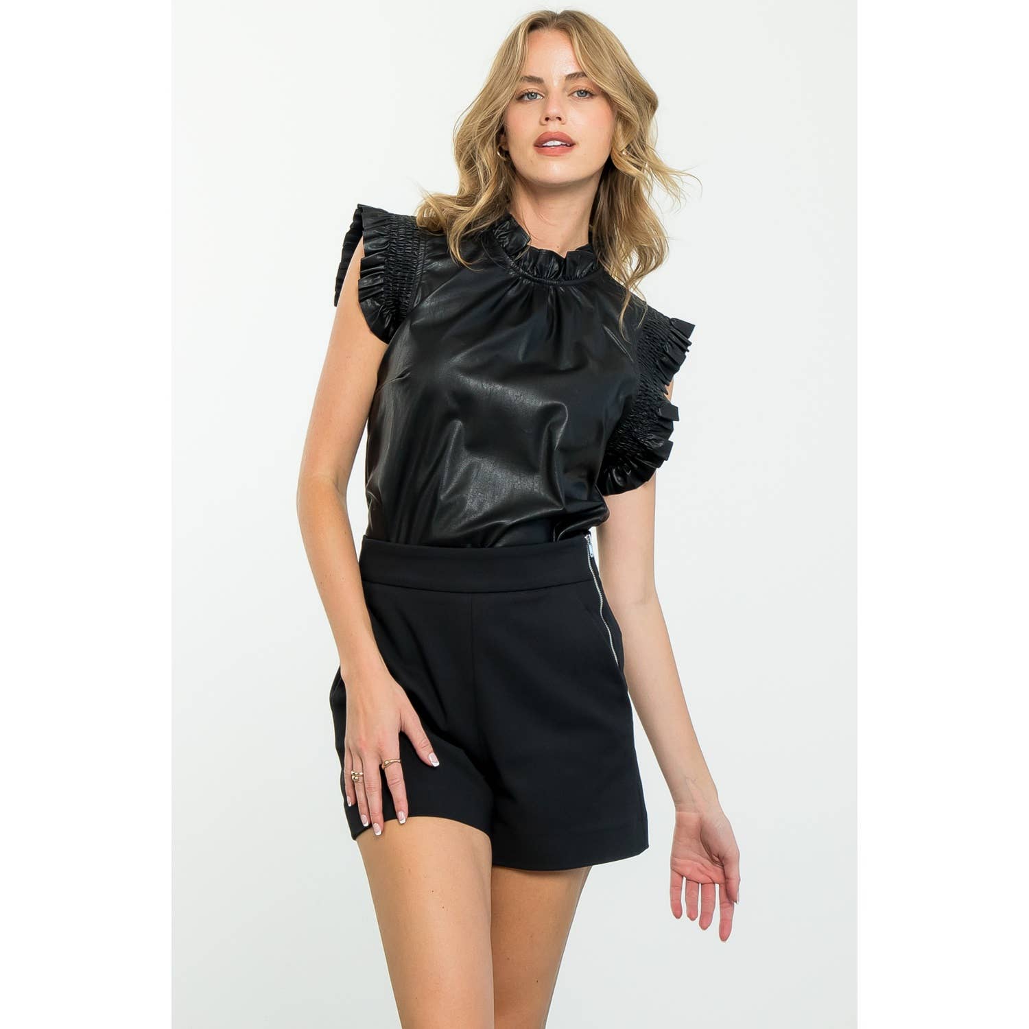 BLACK Ruffle Sleeve Leather Top for wholesale on Faire7