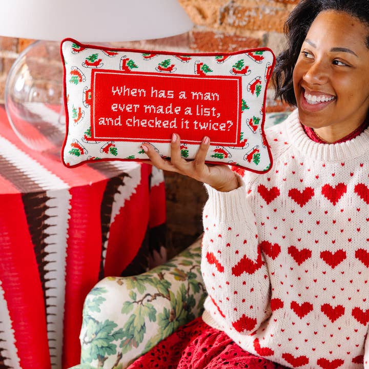 Furbish Studio – wholesale Throw/decorative pillow – Check it Twice Needlepoint Pillow5