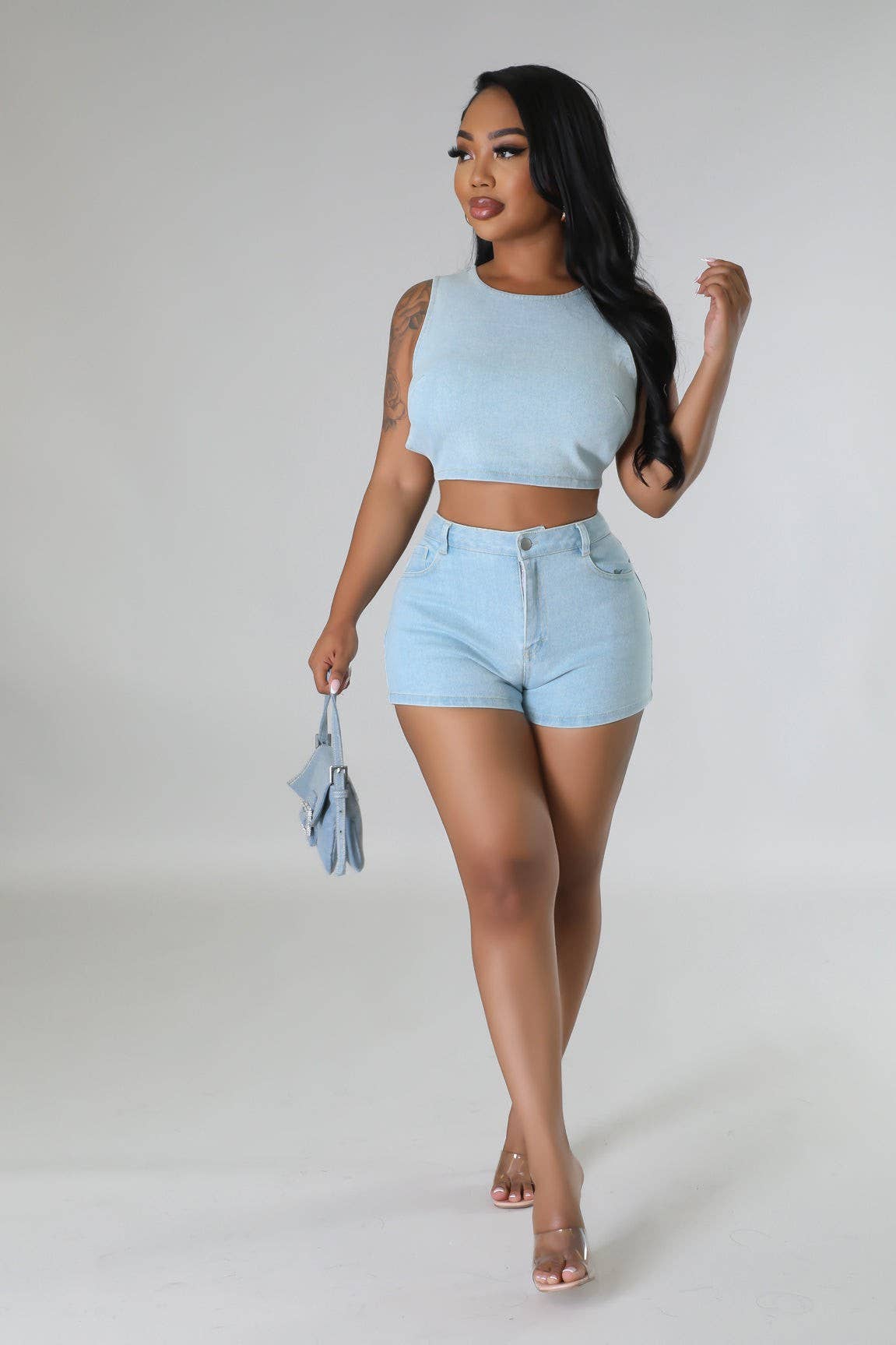 Denim clair Ensemble haut court et short en jean en vente sur Faire1
