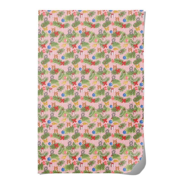 Red Cap Cards - Wholesale Flat Wrap - Meowy Christmas holiday wrapping paper