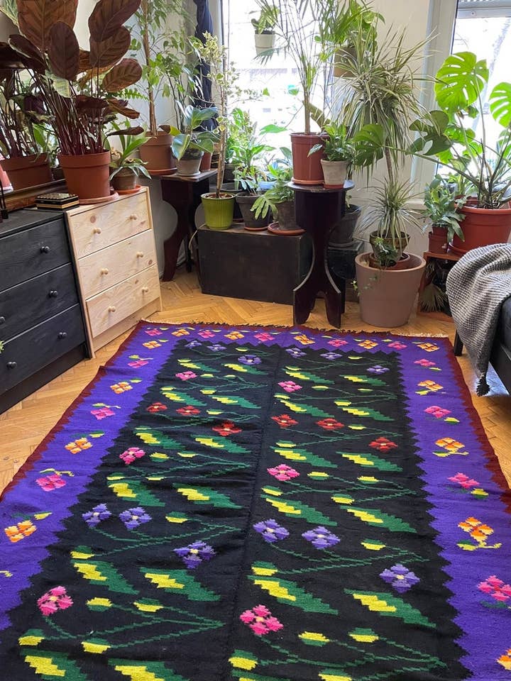 Oltenian floral rug handwoven in wool, purple and black back for wholesale by MADE WITH LOVE RO SRL