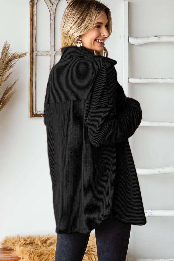 7th Ray - Wholesale Button Down Shirt - Women's - Rib Drop Shoulder Patch Pockets Button Down Shacket T480616