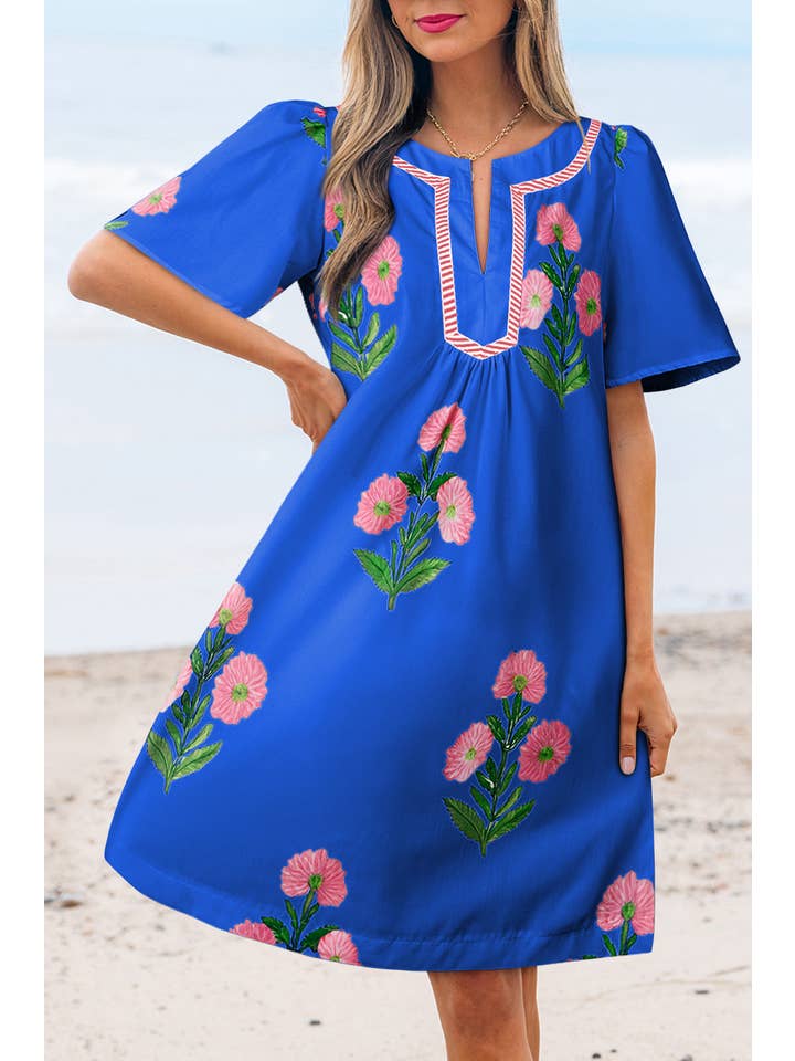 Aapparella - Wholesale Dress - Women's - Floral Print Short Sleeve Split Neck Mini Dress | S-XL