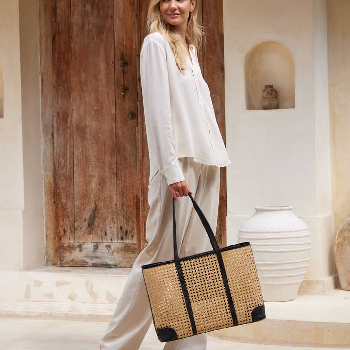 The Winding Road - Wholesale Tote Bag - Women's - Large Rattan Cane Weave Tote Bag with Black Leather Trim3
