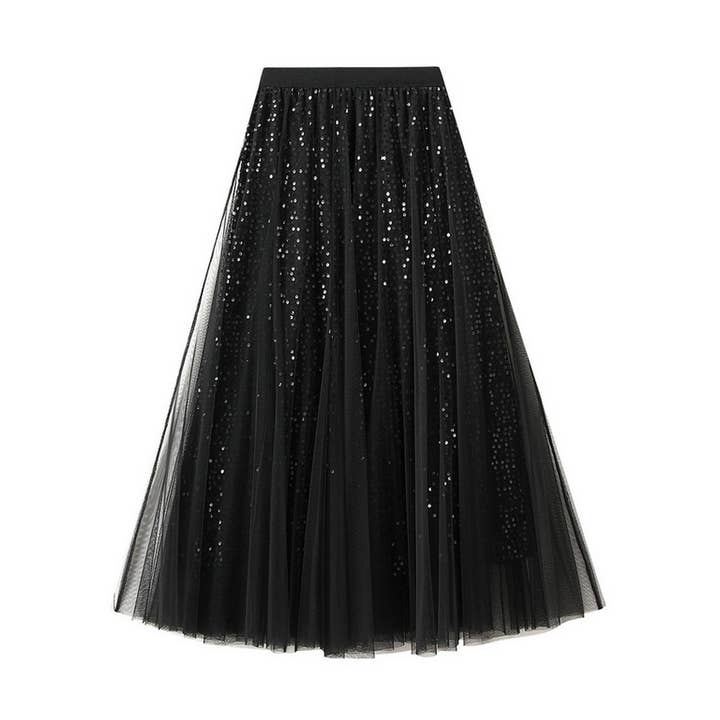 Sequin Tulle A-Line Maxi Skirt with Flowing Drape_CWBMS0377 for wholesale by ACCITY