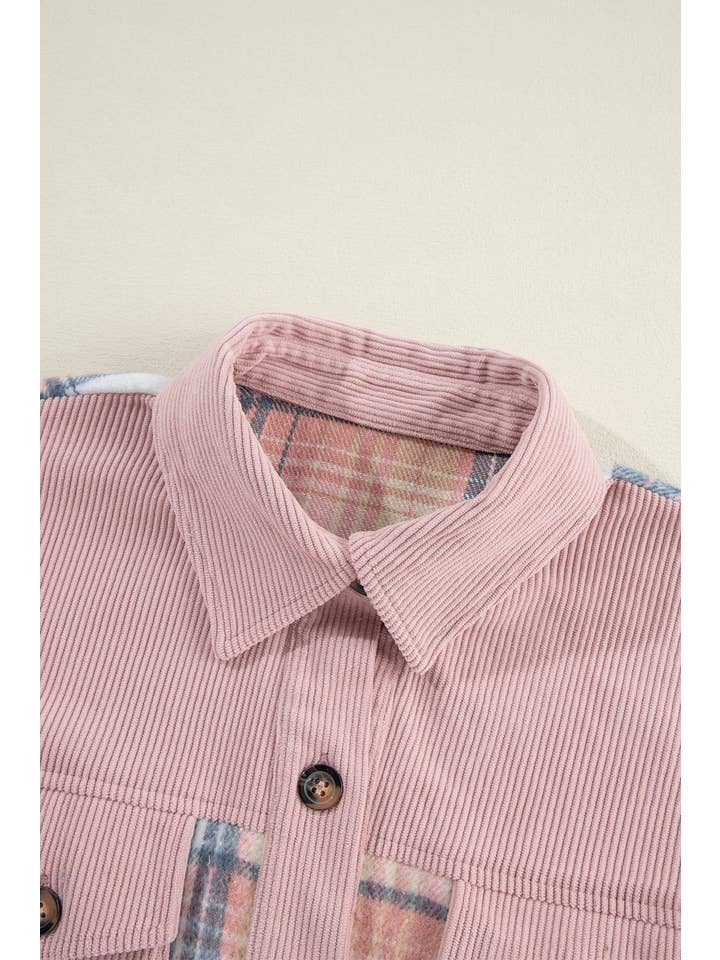 66DISCO - Wholesale Shirt Jacket/Shacket - Women's - Plaid Corduroy Patchwork Chest Pocket Shacket (S-2XL)5