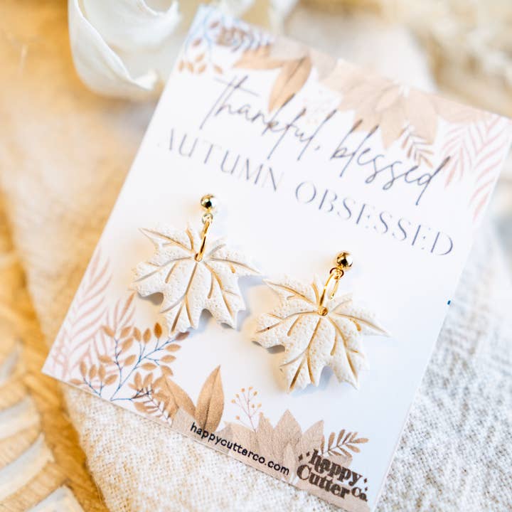Happy Cutter Co - Wholesale Dangle Earrings - Elegant Cream Maple Leaf Earrings | Dainty Fall Earrings1